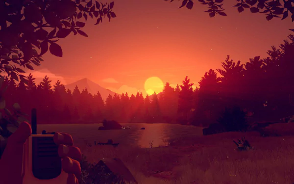 A serene sunset over a forested landscape, with a hand holding a walkie-talkie, captures the atmosphere of Firewatch. This HD wallpaper immerses viewers in the game's tranquil scenery.