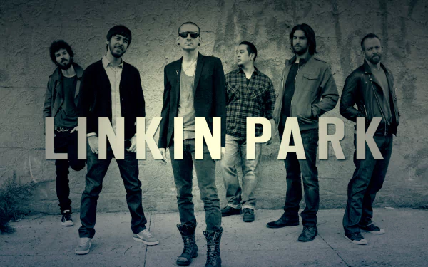 A striking HD desktop wallpaper featuring the band Linkin Park, showcasing the members in a stylish, monochromatic setting with the band's name prominently displayed.