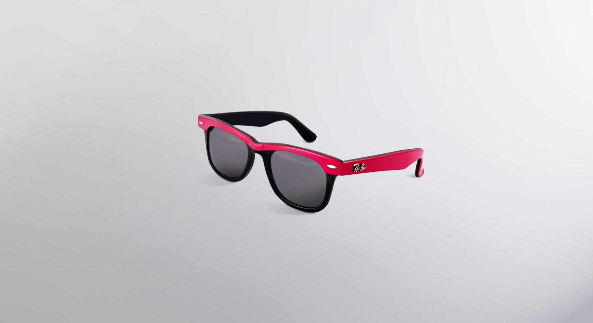 Man-made pink Ray-Ban sunglasses with black lenses on a minimalist gray backdrop — HD PC desktop wallpaper and background.