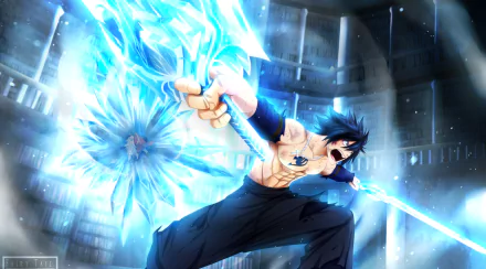 HD desktop wallpaper featuring Gray Fullbuster from Fairy Tail anime, showcasing him casting a magical ice spell in a dynamic action pose.