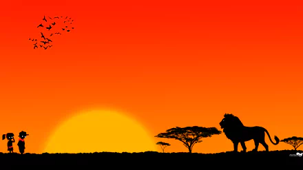 Music-themed 4K Ultra HD PC desktop wallpaper: silhouetted mouse-helmeted DJ and tiny figure at left watching a savanna sunset with acacia tree and lion in silhouette.