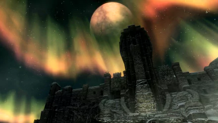 HD PC desktop wallpaper from The Elder Scrolls V: Skyrim featuring a towering fortress under a glowing moon and vibrant northern lights in the night sky.