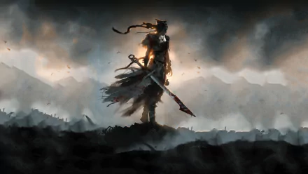HD wallpaper featuring Senua from the video game Hellblade: Senua's Sacrifice, depicted heroically against a stormy, mountainous backdrop.