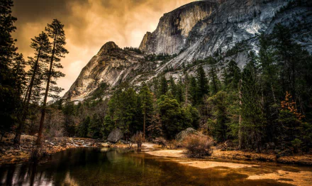 HD PC wallpaper showcasing pine trees and rugged mountain cliffs under a dramatic sky, highlighting the natural beauty of woodlands and mountainous terrain.