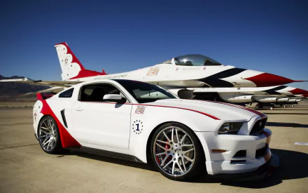 A Ford Mustang GT in white with red accents parked beside a sleek jet, set against a clear blue sky, featuring dynamic automotive and aviation elements.