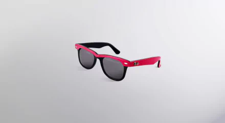 Man-made pink Ray-Ban sunglasses with black lenses on a minimalist gray backdrop — HD PC desktop wallpaper and background.