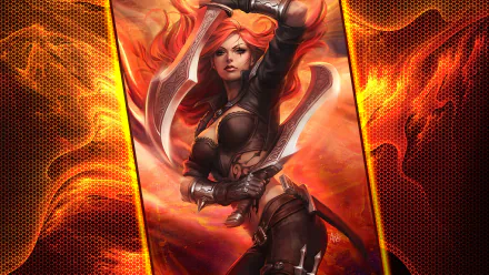 HD desktop wallpaper featuring Katarina from the video game League of Legends, showcasing her in a dynamic, fiery background with dual blades.