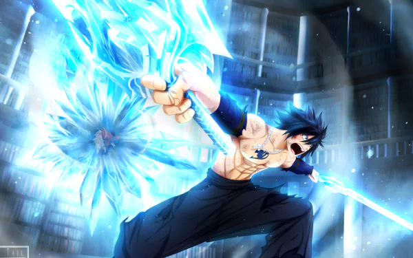 HD desktop wallpaper featuring Gray Fullbuster from Fairy Tail anime, showcasing him casting a magical ice spell in a dynamic action pose.