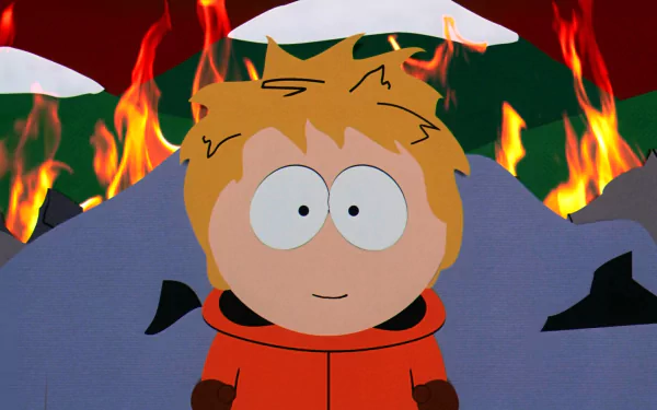 Kenny McCormick, a character from *South Park: Bigger, Longer & Uncut*, features a blonde hairstyle against a dramatic fiery background in this HD PC desktop wallpaper.