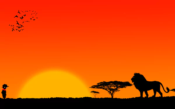 Music-themed 4K Ultra HD PC desktop wallpaper: silhouetted mouse-helmeted DJ and tiny figure at left watching a savanna sunset with acacia tree and lion in silhouette.