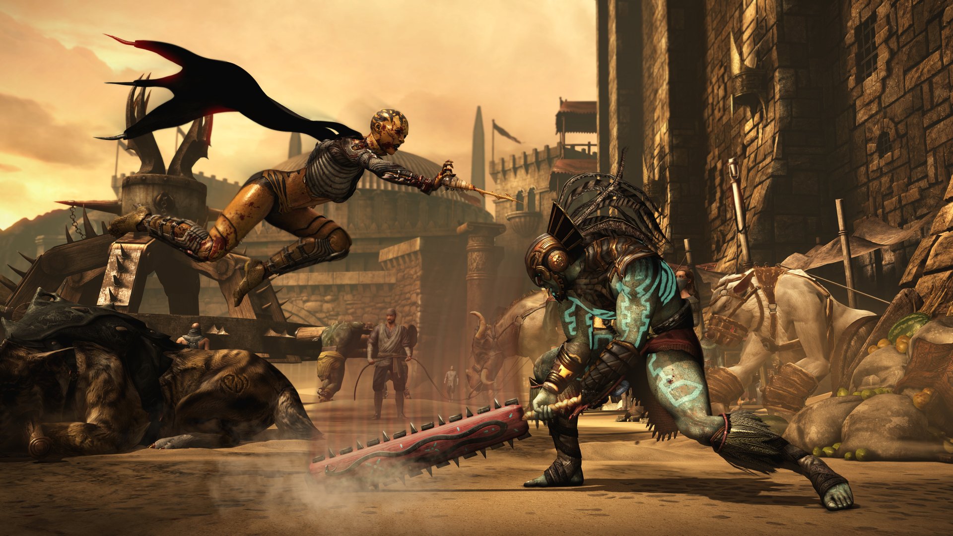 An intense battle scene from Mortal Kombat X, featuring a fierce character leaping towards a heavily armored opponent in a gritty, post-apocalyptic setting. HD PC desktop wallpaper.