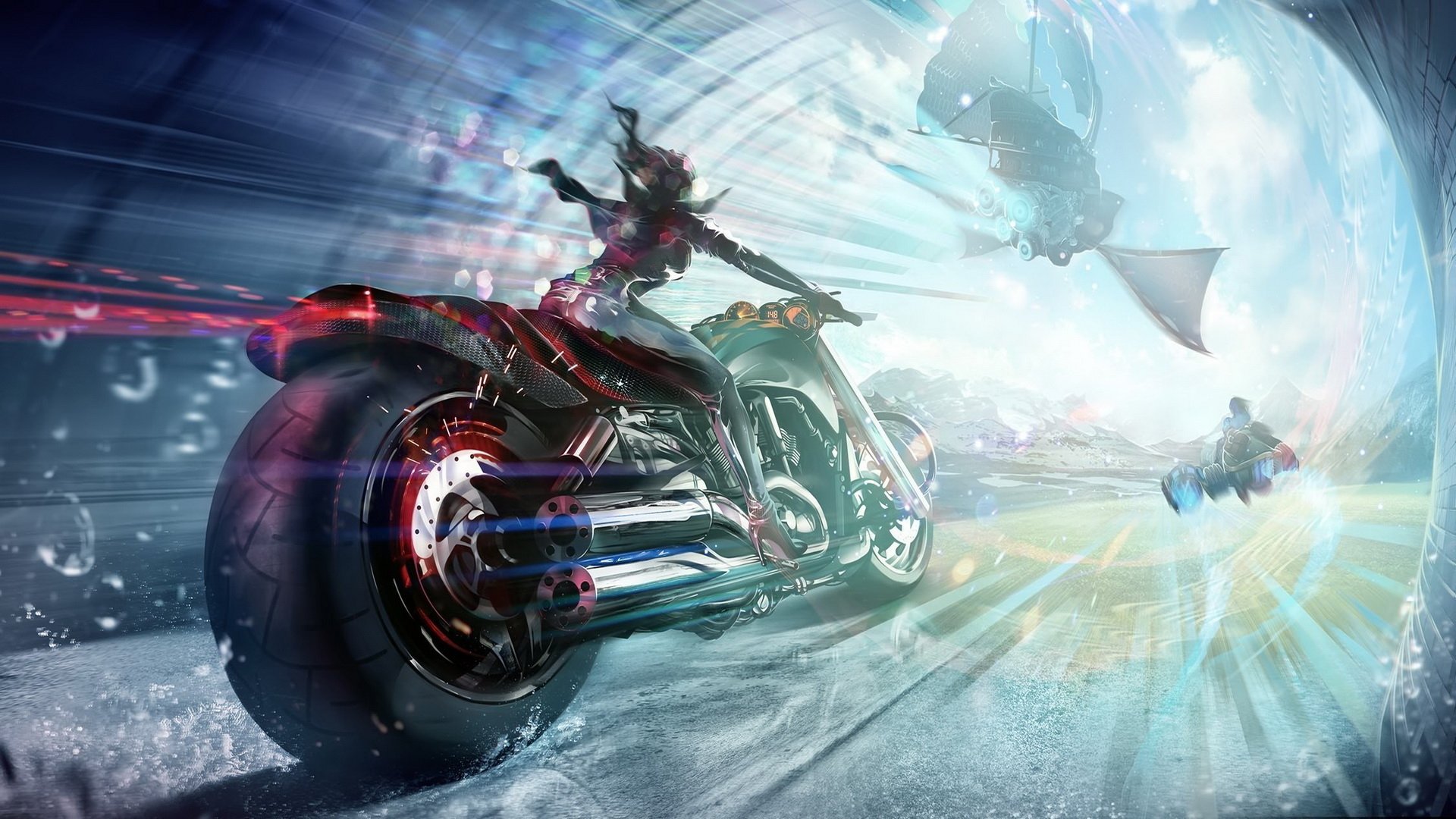 Futuristic sci-fi vehicle speeding through a dynamic, high-tech landscape, captured in vibrant detail as an HD PC desktop wallpaper background.