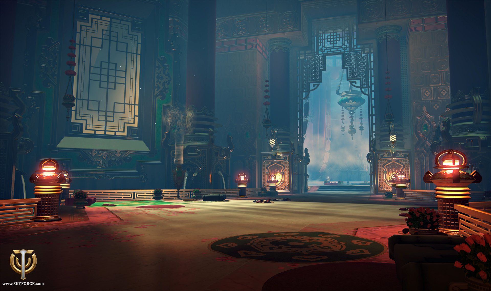 Skyforge video game HD PC desktop wallpaper/background: a vast, ornate hall with glowing lanterns and a towering archway opening to a misty, sci‑fi fantasy sky.