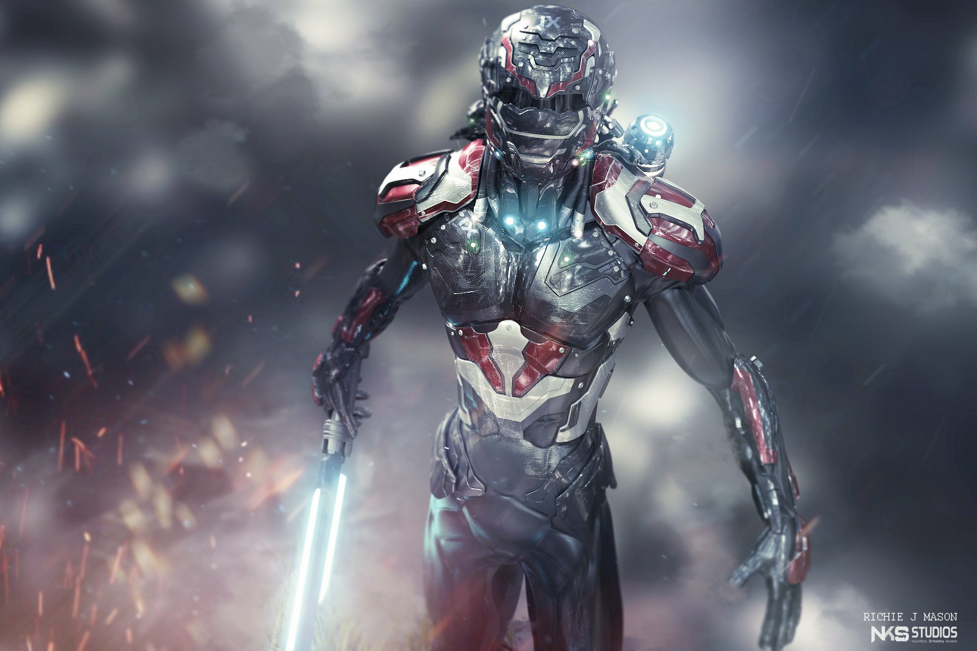 HD PC desktop wallpaper featuring a sci-fi warrior clad in futuristic armor, glowing with blue lights, set against a smoky, battle-worn background.