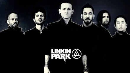 HD desktop wallpaper featuring the rock band Linkin Park, with band members standing in a row, and the band logo prominently displayed in the center.