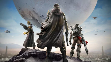 Three characters from the Destiny video game stand atop a rocky ledge, gazing at a vast landscape under a massive moon, creating an immersive HD PC desktop wallpaper.