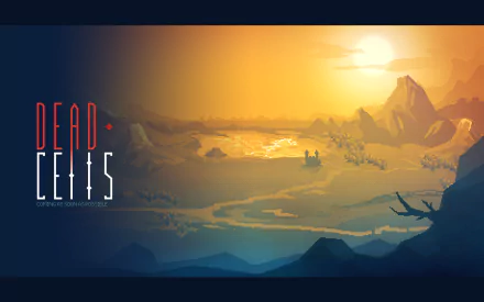 HD desktop wallpaper of Dead Cells featuring a pixelated sunrise landscape with mountains and a lake.