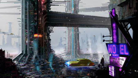 HD desktop wallpaper featuring a futuristic sci-fi cityscape with towering skyscrapers, atmospheric haze, and a vibrant taxi in the foreground.