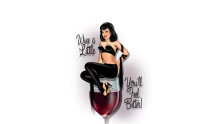 Artistic pin-up style HD desktop wallpaper featuring a woman in black lingerie sitting on a glass of red wine with the text Wine a little, you'll feel better.