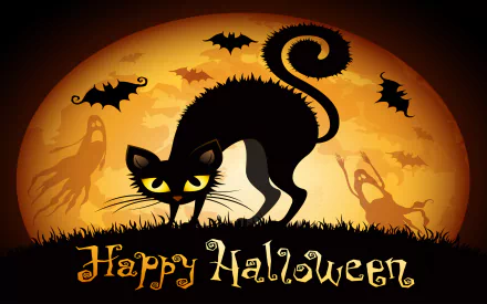 A whimsical black cat with bright yellow eyes stands in front of a glowing orange moon, surrounded by bats and ghostly figures, accompanied by the text Happy Halloween.