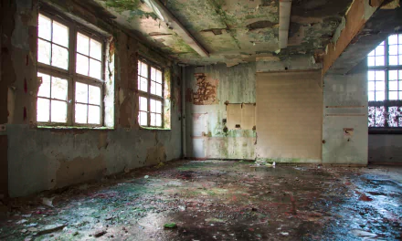5K Ultra HD PC desktop wallpaper and background of an HDR urban ruin in Germany: light-filled, decaying man-made interior with peeling paint, rust stains and a damp, mossy floor.