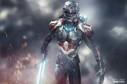 HD PC desktop wallpaper featuring a sci-fi warrior clad in futuristic armor, glowing with blue lights, set against a smoky, battle-worn background.