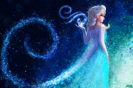 HD desktop wallpaper featuring Elsa from the movie Frozen, showcasing her magical ice powers in a sparkling blue and green background.