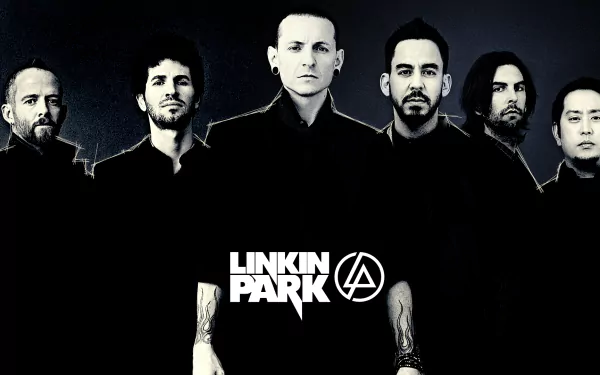 HD desktop wallpaper featuring the rock band Linkin Park, with band members standing in a row, and the band logo prominently displayed in the center.