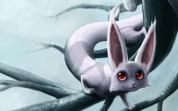 A fantasy creature with large ears and red eyes perched on tree branches, rendered in stunning 4K Ultra HD for a PC desktop wallpaper.