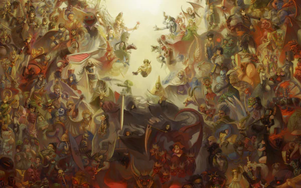 A vibrant 4K Ultra HD desktop wallpaper featuring iconic characters from the Shin Megami Tensei video game series, showcasing a dynamic and detailed fantasy battle scene.