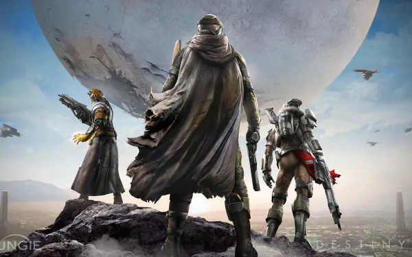 Three characters from the Destiny video game stand atop a rocky ledge, gazing at a vast landscape under a massive moon, creating an immersive HD PC desktop wallpaper.