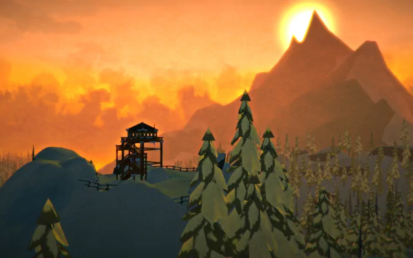A serene sunset scene from the video game The Long Dark, showcasing a wooden lookout tower against majestic mountains, framed by snow-covered trees. 4K Ultra HD quality.