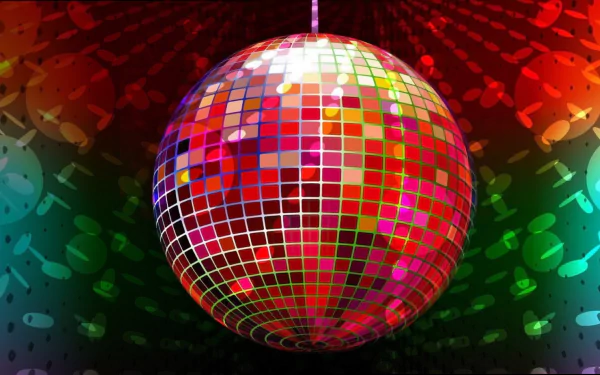 Artistic disco mirror ball in vivid multicolor with red and green light patterns — HD PC desktop wallpaper background.