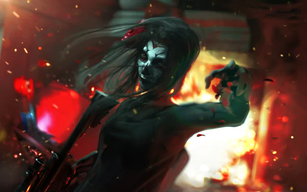 A fierce woman warrior adorned with a sugar skull makeup and headdress wields a rifle amidst vibrant, dark sci-fi imagery, creating a striking HD wallpaper.