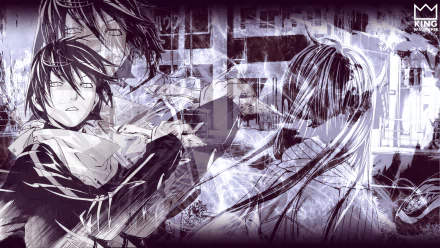 A dynamic HD wallpaper featuring Hiyori Iki and Yato from the anime Noragami, showcasing a dramatic blend of character action and ethereal backgrounds.