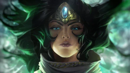 A striking HD desktop wallpaper featuring Sivir from League of Legends, showcasing her fierce expression and intricate details against a mystical background.