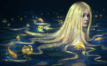 A fantasy-themed HD desktop wallpaper featuring a serene woman with flowing blonde hair emerging from a tranquil pond adorned with glowing lilies and swimming goldfish.