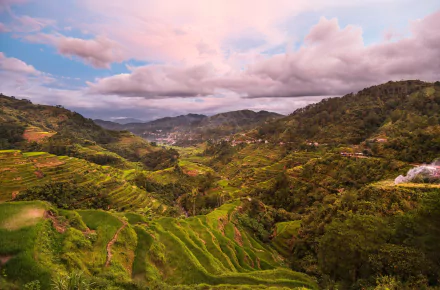 Lush green valley in the Philippines under a pastel sky, showcasing terraced fields and rolling hills, captured in HD for a stunning desktop wallpaper.