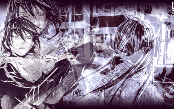 A dynamic HD wallpaper featuring Hiyori Iki and Yato from the anime Noragami, showcasing a dramatic blend of character action and ethereal backgrounds.