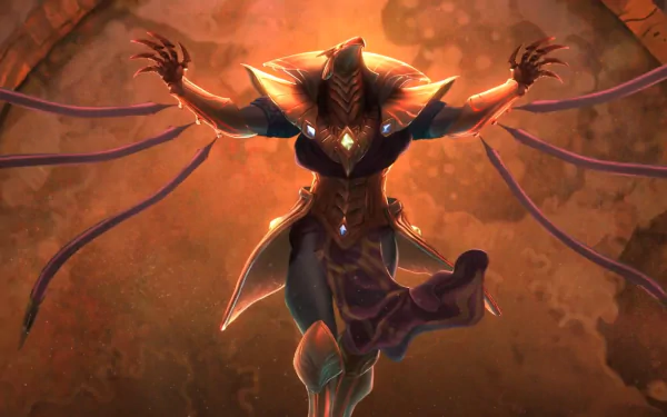 HD wallpaper of Azir, the Ascended Shuriman emperor from the video game League of Legends, depicted in a majestic pose with golden armor and dark robes against a warm, glowing background.