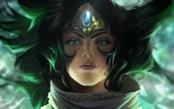 A striking HD desktop wallpaper featuring Sivir from League of Legends, showcasing her fierce expression and intricate details against a mystical background.