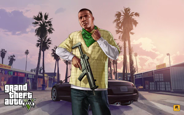 Franklin Clinton stands confidently with an assault rifle, set against a vibrant Los Santos background in this HD Grand Theft Auto V wallpaper, capturing the game's thrilling atmosphere.