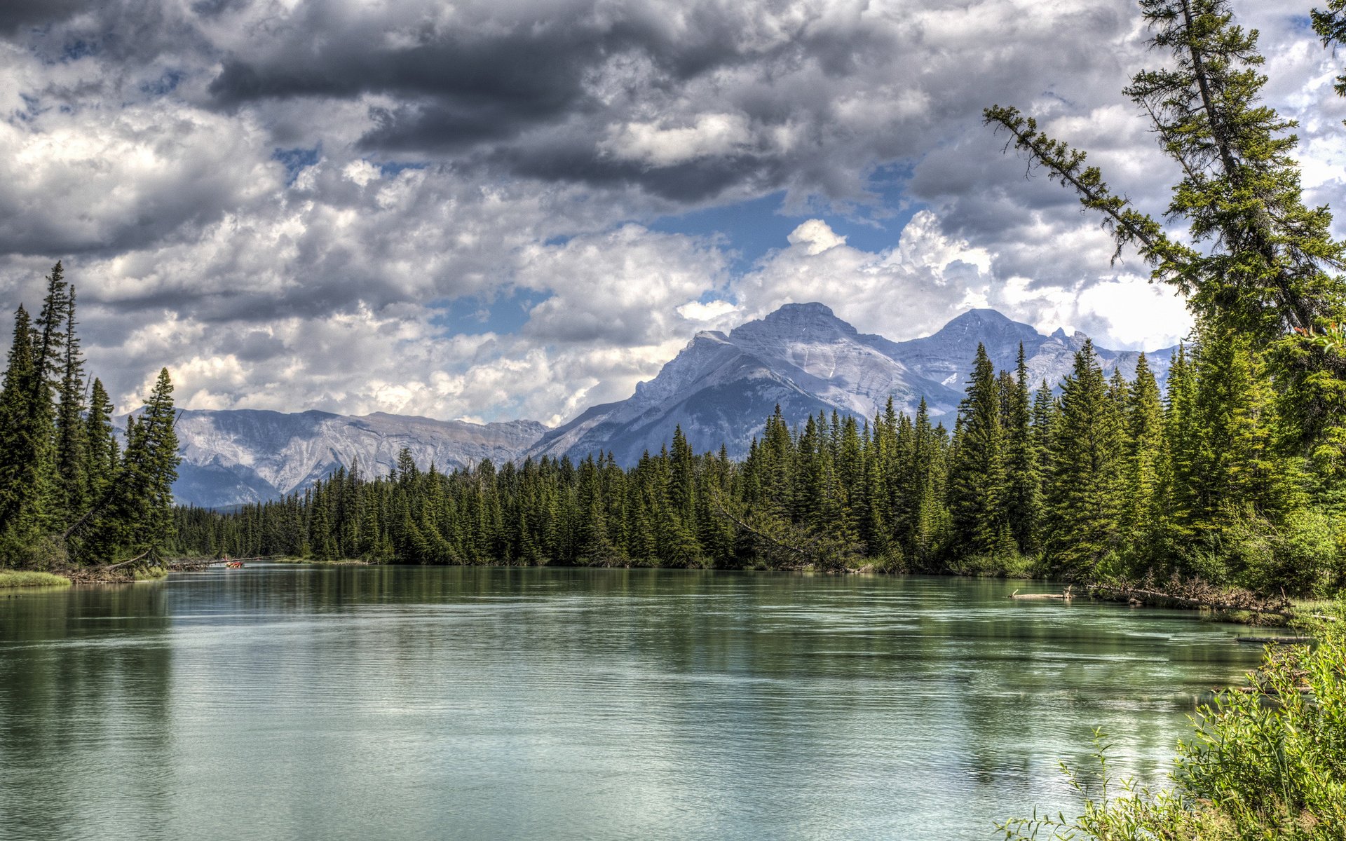 HD PC desktop wallpaper featuring a serene river flowing through a dense pine forest with mountains and a cloudy sky in the background, showcasing nature's beauty.