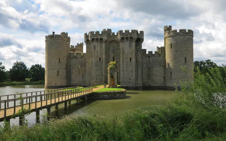 HD desktop wallpaper of Bodiam Castle, a man-made medieval fortress surrounded by a moat under a cloudy sky.