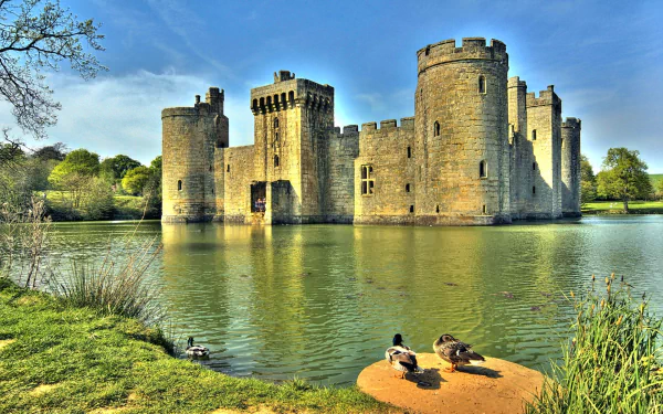 HD desktop wallpaper showcasing the man-made Bodiam Castle surrounded by a moat, with ducks resting on the grassy shore under a bright blue sky.