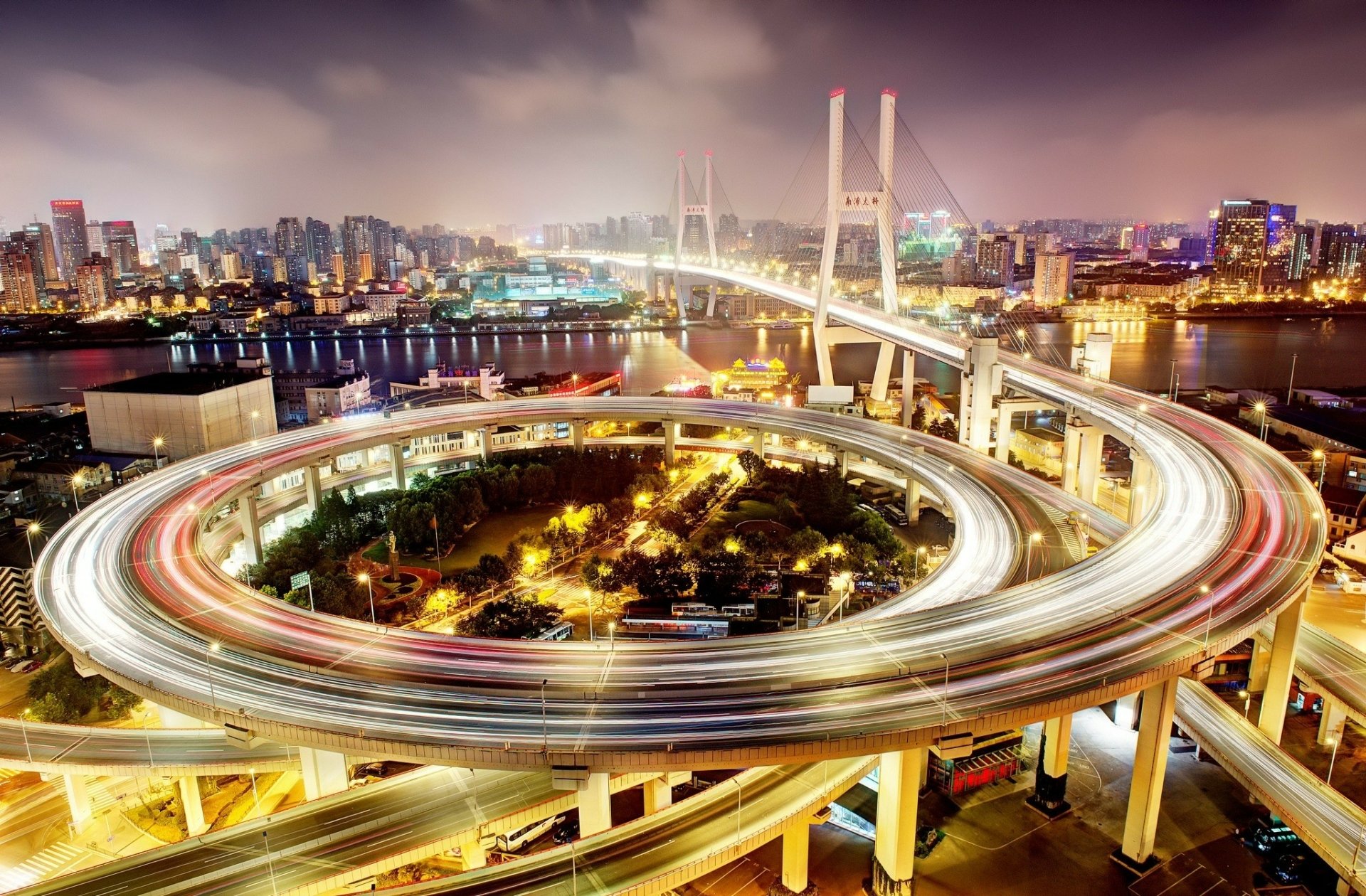 Download Nanpu Bridge Evening China Man Made Shanghai HD Wallpaper