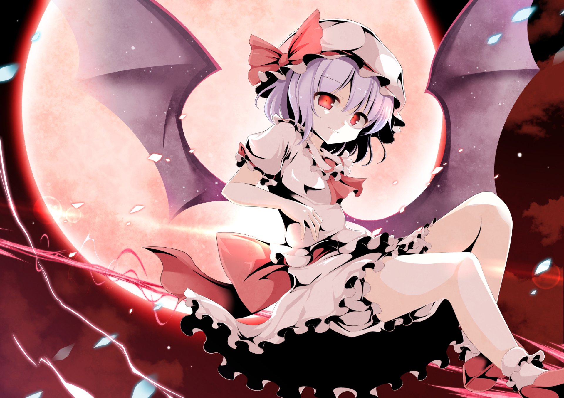 HD anime desktop wallpaper featuring Remilia Scarlet from Touhou, with bat wings and a glowing full moon background in vivid red and pink tones.