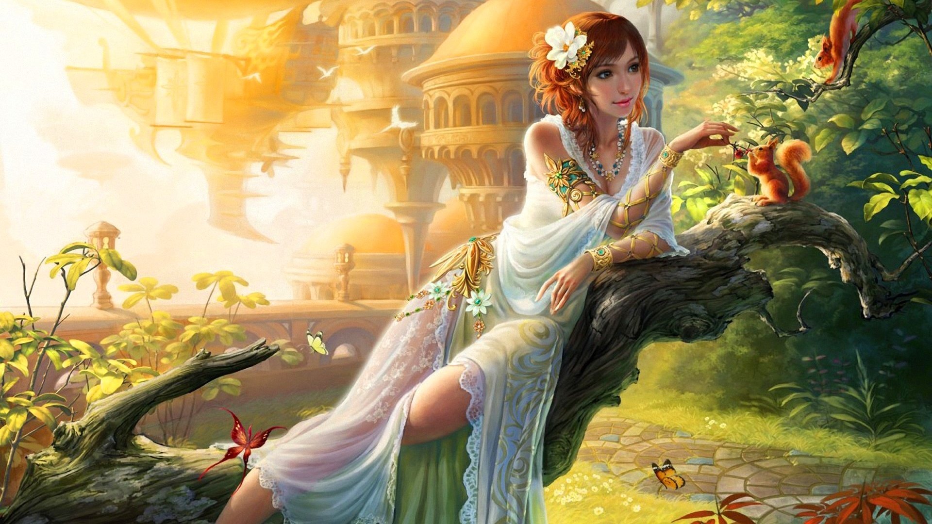 A beautifully artistic HD desktop wallpaper featuring a woman in a flowing white gown, surrounded by nature and playful animals, set against a stunning fantasy backdrop.