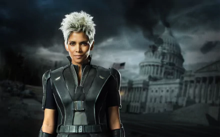 Halle Berry as Storm from Marvel's X-Men in a dramatic scene from X-Men: Days of Future Past, featuring a dark backdrop with iconic architecture and a stormy sky.