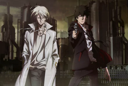 HD wallpaper of two characters from Psycho-Pass, one aiming a gun, standing against a dystopian city backdrop.